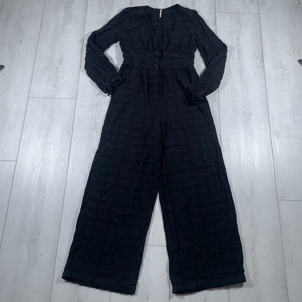 Free People Size Small Black Jumpsuit True Lovin Linen Long Sleeve Wide Leg
